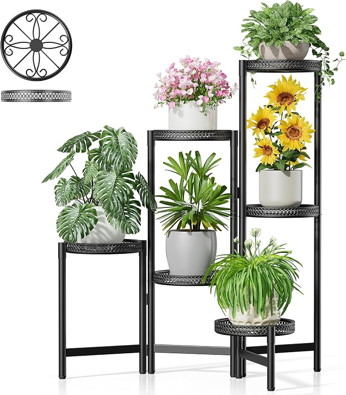 Metal Plant Stand Indoor Outdoor, 6 Tier Tall Flower Pot Holder Potted Display Rack Shelf, Heavy Duty Corner Plant Shelf for Patio Garden Balcony Living Room Bedroom - BlackS