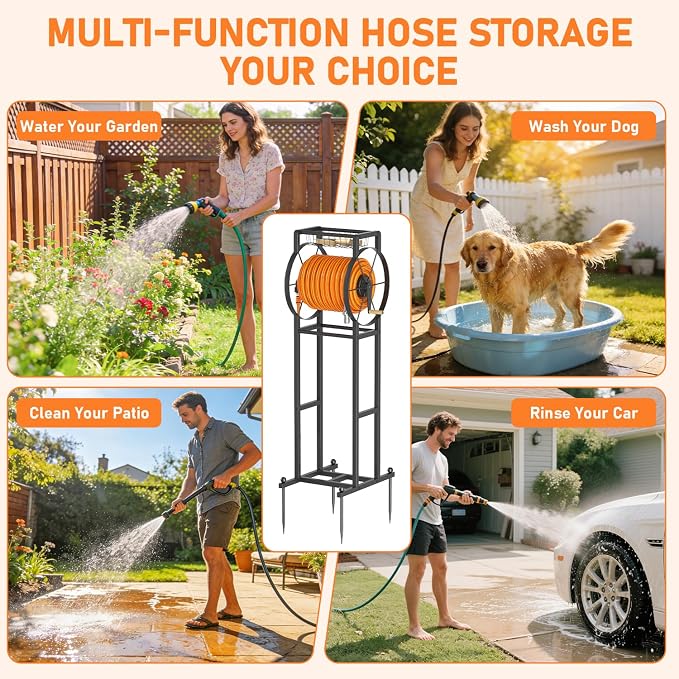 Garden Hose Reel Stand with Storage Rack - 125ft 5/8" Water Hose Organizer Holder, 4 Ground Spikes & Hooks, Universal Water Hose Adapter, Detachable Metal Frame, Black