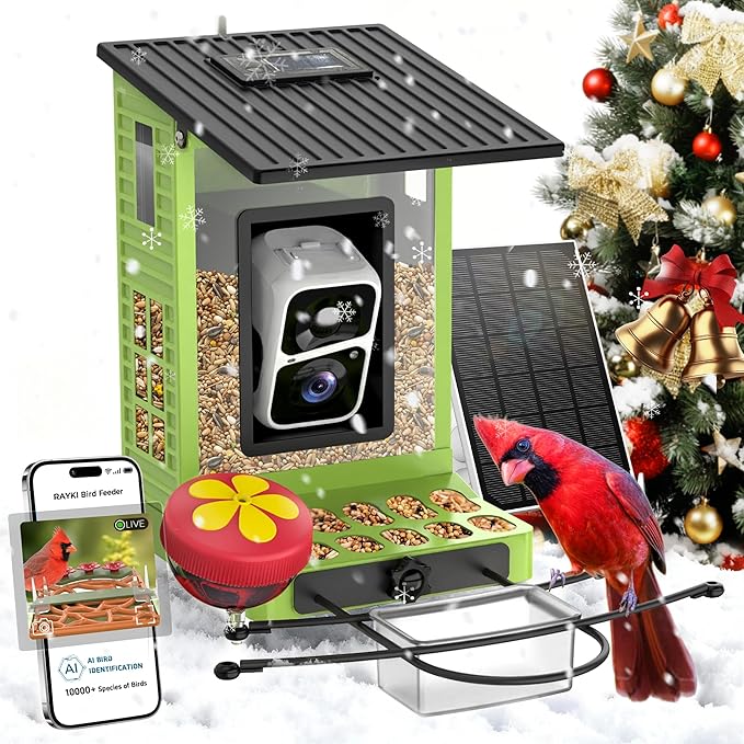 Rayki Metal Solar Powered Smart Bird Feeder with Camera, AI Identify with Solar Lights, 2K HD Cam & WiFi, Instant Arrival Alerts,Ideal Gift for Bird Lovers