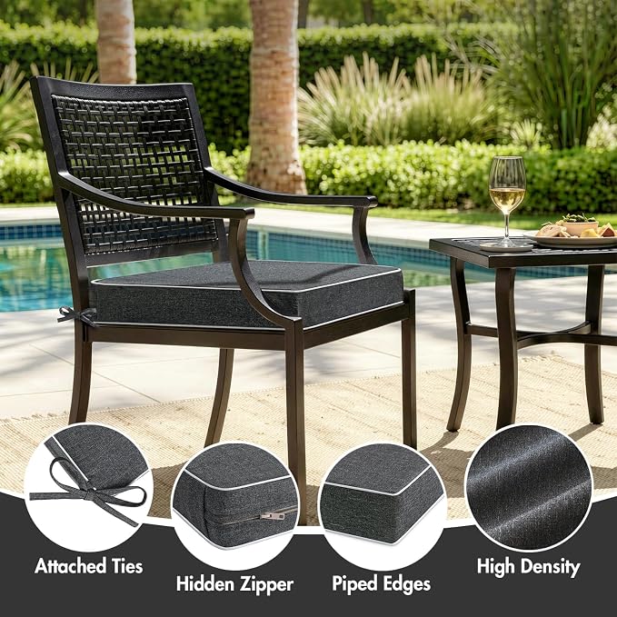 MIULEE Dark Grey Outdoor Chair Cushions Set of 2, 24x24x4 Inch Waterproof Patio Seat Cushions for Outdoor Furniture Couch Sofa, 3 Year Color Fastness High Density Foam with Adjustable Ties