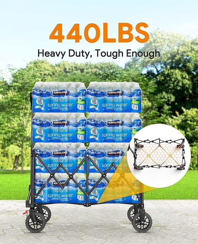 Collapsible Foldable Wagons with Wheels, 440lbs Capacity Wagons Carts Foldable, Utility Wagon Carts with Brakes for Grocery, Camping, Sports
