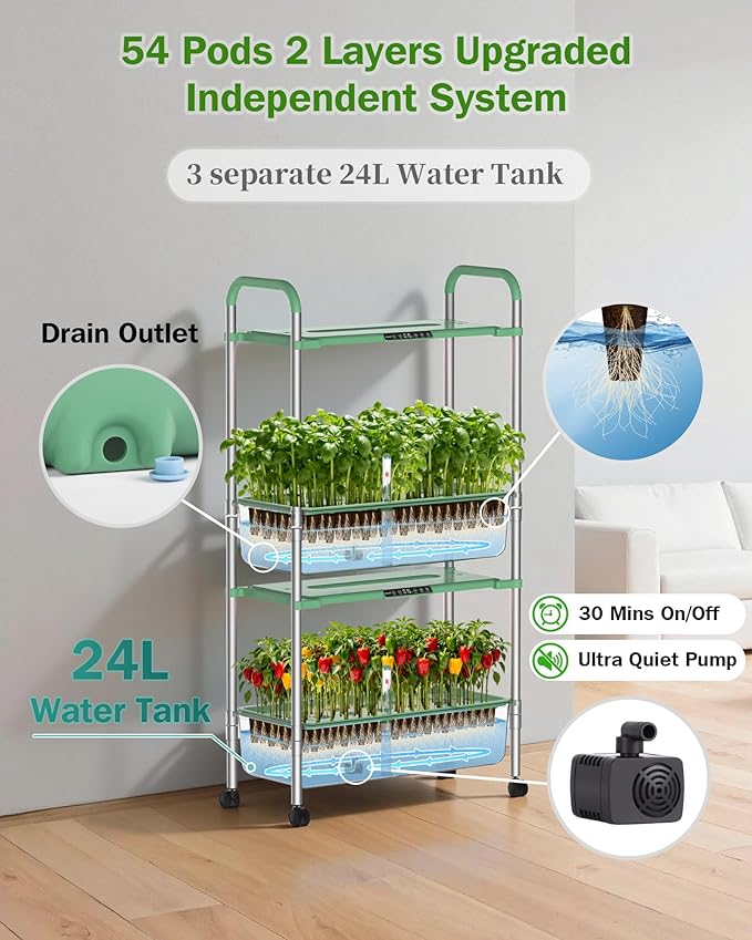 Growell Large Hydroponics Growing System Kit, Vertical Indoor Herb Garden Kit with LED Grow Light & Independent Water Pump, 28L Movable Indoor Planter Perfect Gardening Gifts (2 Tier-54 Pods Green)