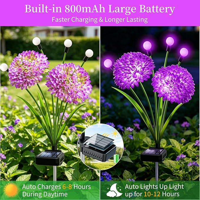 VOOKRY Solar Flowers Outdoor Waterproof, 8 Pack Purple Garden Lights with Swaying Firefly Lights, Flower Light Garden Decor for Yard Patio Pathway Lawn Grave, Gardening Gifts for Women Birthday