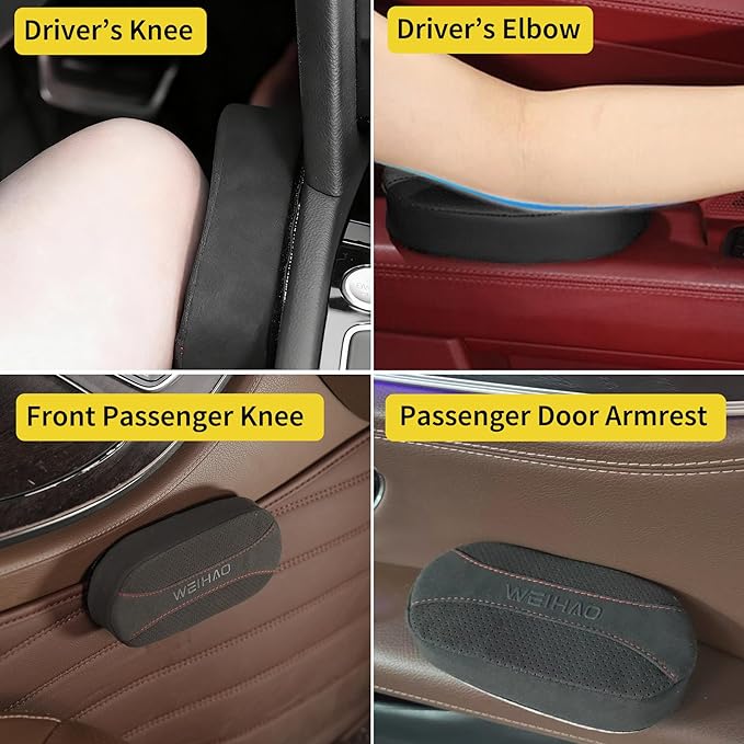 WEIHAO 2PCS Car Knee Cushion Pad, Suede Car Door Knee Pad Rest Cushion, Memory Foam Compact Center Console Knee Pad Support Cushion with Hook & Loop (Black)