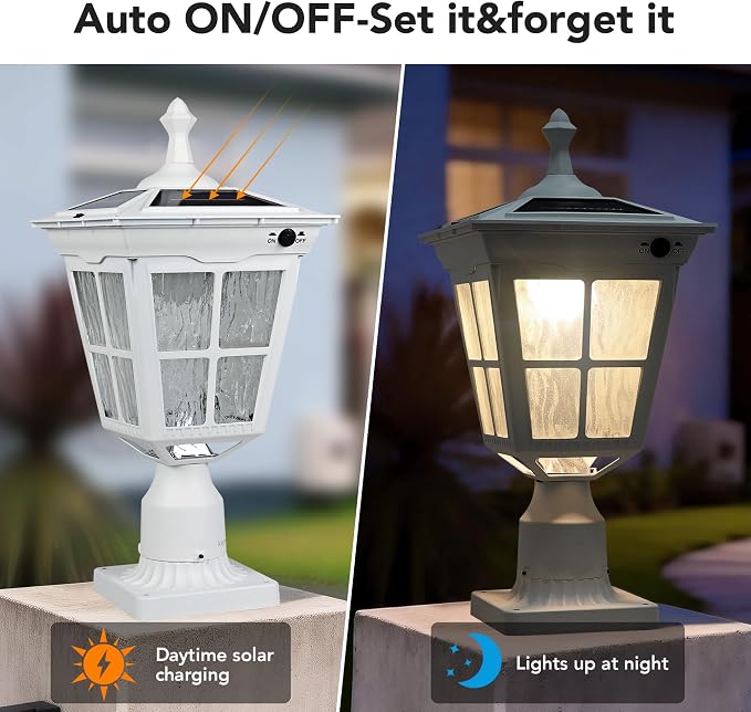 Cast Aluminum Solar Post Light Waterproof LED with Glass Outdoor Dusk to Dawn Pillar Lights ST4311AQ for Pier Mount Pillar Gates Garden Pole Column Yard Path Driveway (White, Lamp)