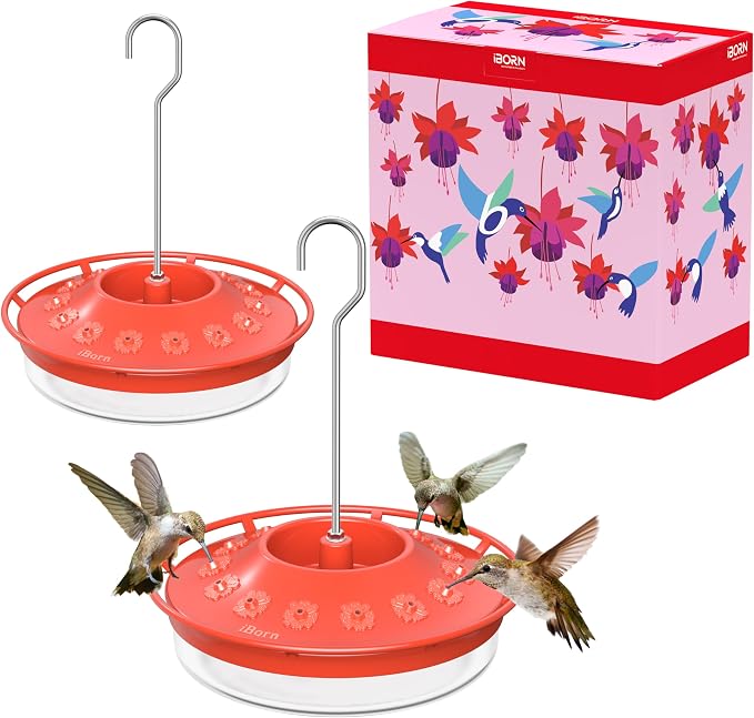 iBorn Fence Deck Hook 28 Inch Railing 180 Degree Rotary 1 Pack + Red Hummingbird Feeder with 14 Bee Guard Ports,13 OZ,2-Pack
