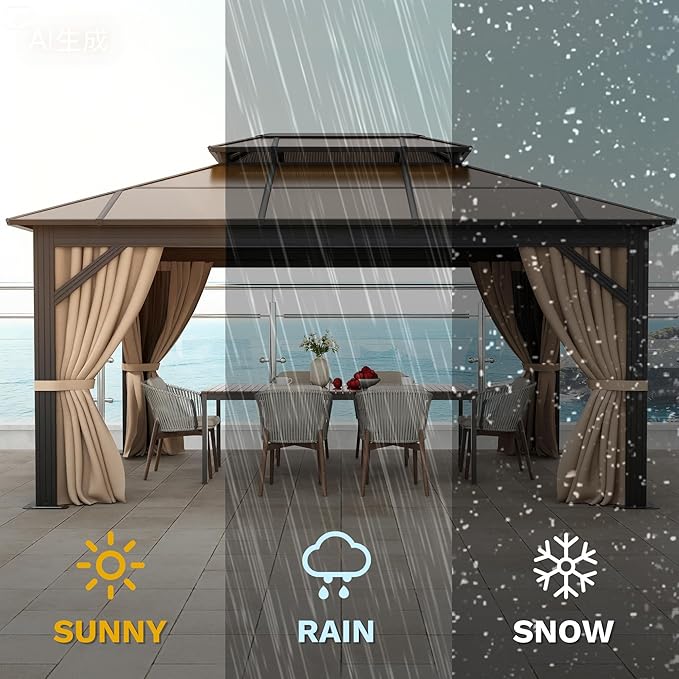 DWVO 10x12ft Hardtop Gazebo Double Roof Polycarbonate Canopy Outdoor with Netting and Shaded Curtains, Aluminum Frame Garden Tent for Patio, Backyard, Deck and Lawns, Brown