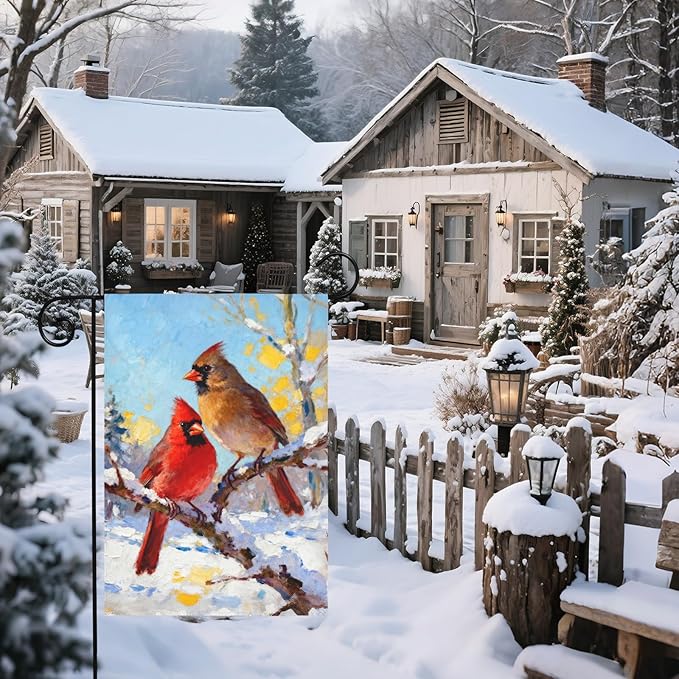 Winter Cardinal Garden Flag 12x18 Inch Snow Scene Bird Twigs Christmas Holiday Decorative Yard Flags for Outside Double Sided Seasonal Outdoor Home Farmhouse Decoration Porch January Decor