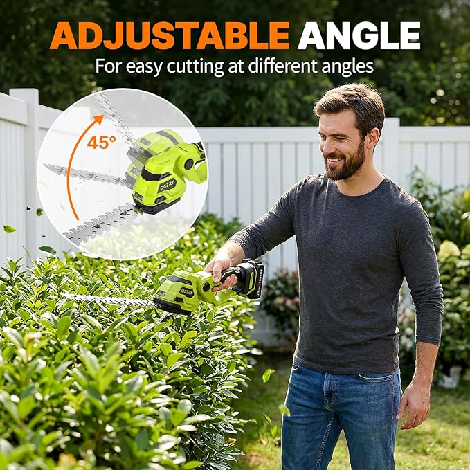 OGERY 21V Cordless Hedge Trimmer & Grass Shears, 2-in-1 Powerful Dual Batteries Electric Bush Trimmer with 8.9” Hedge Blade & 5.1” Grass Trimmer, Adjustable Angle, Lightweight for Garden & Lawn Care