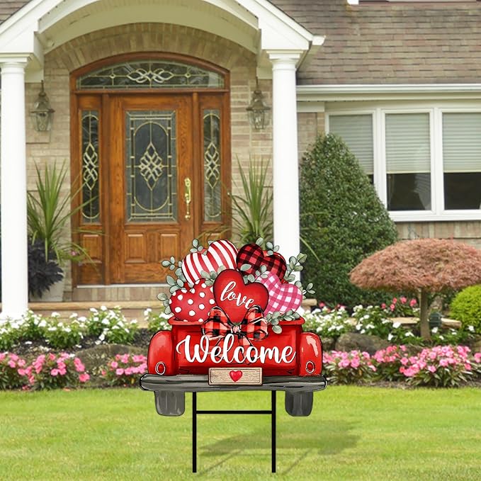 JarThenaAMCS Valentine' s Day Metal Garden Stake Welcome Yard Sign Red Love Heart Truck Decorative Lawn Sign for Wedding Anniversary Home Outside Lawn Porch Walkway Decor