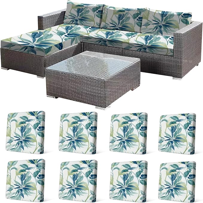 CALBODE 8 Pcs Stretch Outdoor Seat Cushion Covers, Botanical Chair Seat Cover for Patio Furniture Cushions Washable Reusable Indoor and Outdoor Couch Cover Replacement (Blue Leaves, Cover Only)
