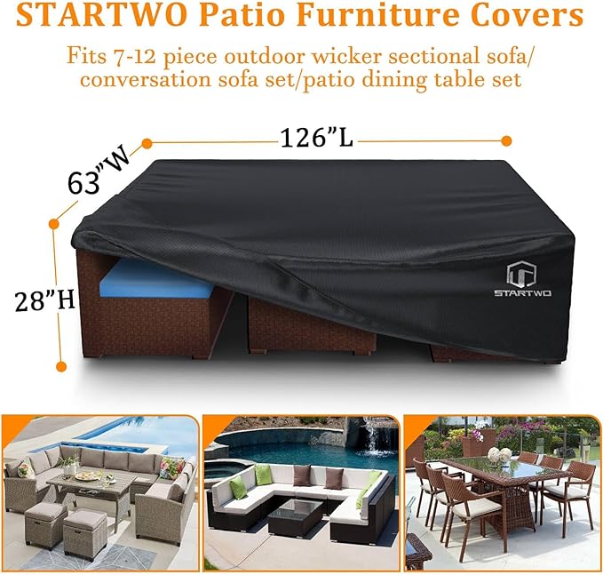 STARTWO Patio Furniture Covers Waterproof, Anti-UV 7-12 Seats Outdoor Furniture Set Cover for Sectional Sofa, Table Chairs, 126"x63"x28", Black