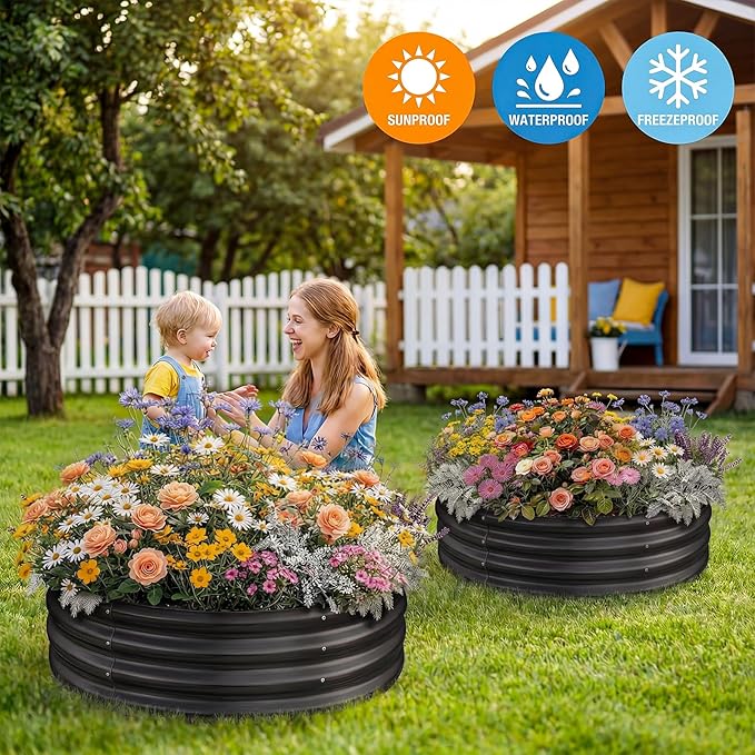 Land Guard 3×3×1ft Galvanized Raised Garden Bed Kit, Round Galvanized Planter Raised Garden Boxes Outdoor, Large Metal Raised Garden Beds for Vegetables, Grey