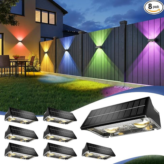 JOFIOS Solar Fence Lights Outdoor,8Pack,Warm White+RGB 9 Colors,1200mAh,Up and Down Fence Lights Solar Powered Waterproof,Solar Wall Lights for Fence,Backyard,Porch（Black）
