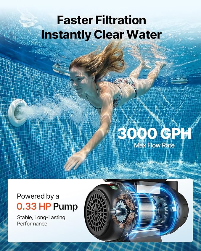 VEVOR 10 in Sand Filter Pump for Above Ground Pool, 0.33 HP 3000 GPH, Swimming Pool Sand Filter Pump with Pre-Assembled Core & Leak-Resistant Design, 6-Way Valve, High-Efficiency Filtration for Pools