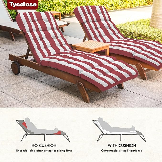 Outdoor Chaise Lounge Chair Cushion Waterproof 74.4 x 22 x 4.7 Inches Memory Foam Lounge Chair Cushions for Outdoor Furniture with Ties, Thickened Pool Lounge Chair Cushion, Stripe Red&White
