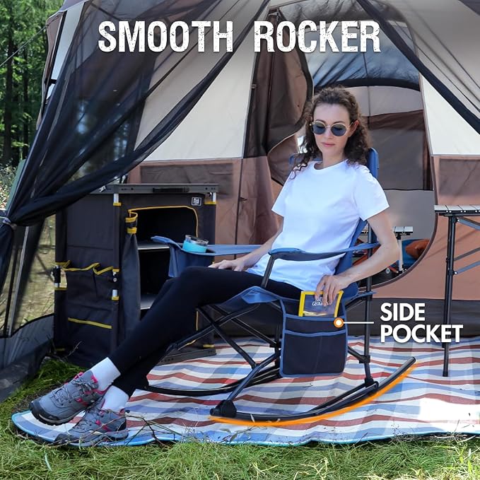 Portal Outdoor Rocking Chair Camping Folding Portable Rocker with Cup Holder Side Pocket Carry Bag, Support 350LBS (Mesh Blue), 2 Pack