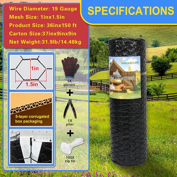 Black 19GA Chicken Wire 36inx150ft, Chicken Wire Fencing, Garden Fence, Metal Poultry Wire Netting, Galvanized PVC Coated Mesh for Animal/Rabbit/Floral/Chicken Coop/DIY Projects.