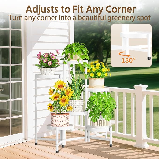 LASZOLA 6 Tiered Folding Plant Stand Indoor for Multiple Large Planter, Tall Heavy Duty Adjustable Rack with Rust Proof 10 Inch Wide Tray, Sturdy Vertical Tree Organizer for Narrow Inside Floor, White