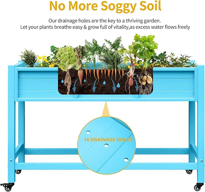 DWVO Raised Garden Bed HDPE with Wheels 47x18x31in Weather-Resistant Poly Wood Raised Planter Box Outdoor with Legs, Elevated Garden Bed for Patio Balcony Backyard, Blue