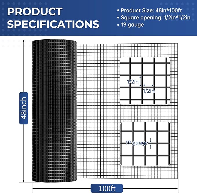 19 Gauge Black Hardware Cloth 1/2 inch 4 ft x 100 ft Coated Chicken Wire Fencing Wire Mesh Roll Gopher Wire Fence Roll Mesh & Wire Cloth Cage Wire Garden Fence