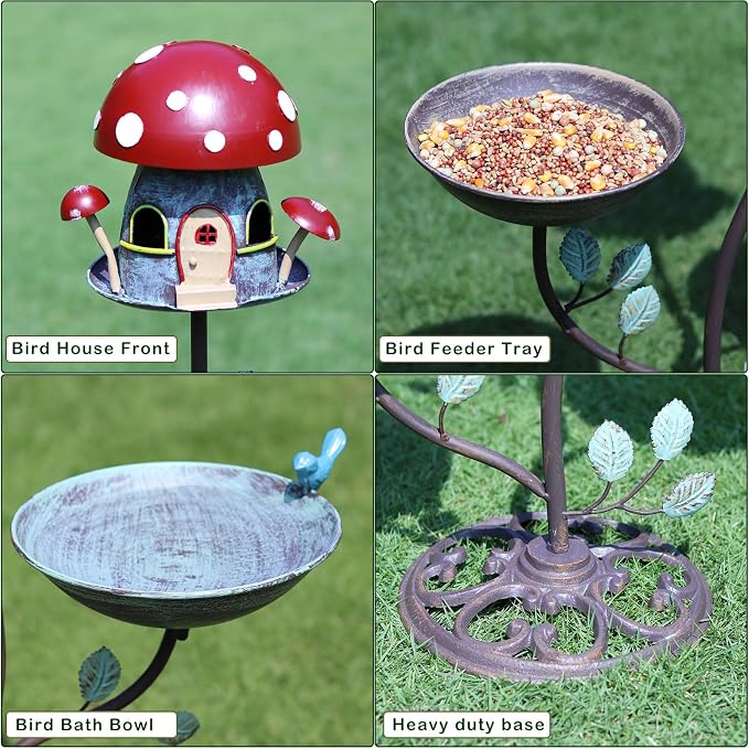 38" H Cast Iron Pedestal Bird Bath, BirdBaths for Outdoors with Metal Birdhouse Birdfeeder 3-in-1, Garden Yard Lawn Decor