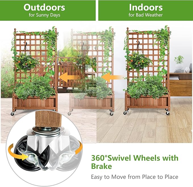 Giantex Set of 2 Mobile Plant Raised Bed, Wood Planter with Lattice Trellis and Wheels, Flower Box for Plant Climbing, Vertical Garden for Balcony Patio Yard, 25"x11"x 50"