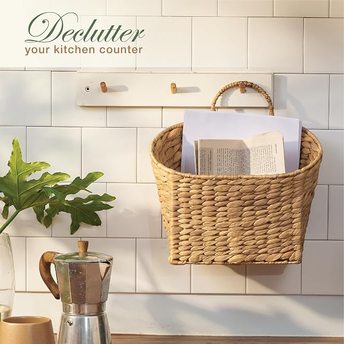 84ECO Set of 2 Wicker Hanging Baskets for Organizing, Front Door, Mail, Flowers - Woven Wall Baskets for Storage