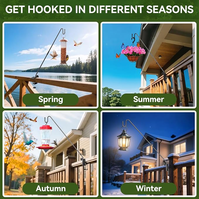 28" Adjustable Deck Railing Hook, Heavy Duty Rotating Plant Hanger | Clamp-mount for Bird Feeders, Planters, Lanterns & Wind Chimes | Fits up to 2.75" | 12 lbs Capacity | 360° Rotation