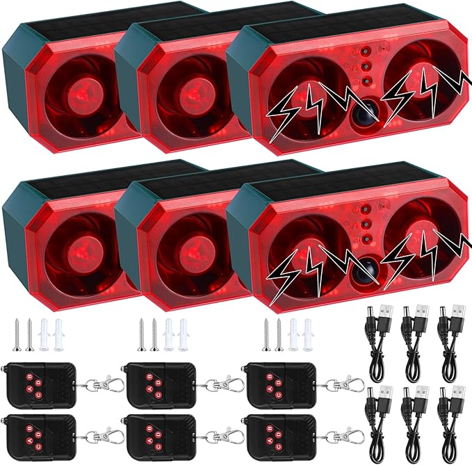 Qualirey 6 Pcs Solar Outdoor Motion Sensor Alarm Motion Sensor Animal Deterrent Dog Barking Alarm 13 Sound 130dB Loud Noise Maker 4 Mode with USB Remote Control Support Recording Volume Adjustment