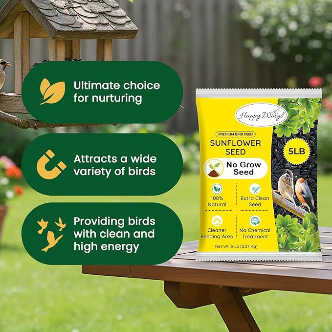 Happy Wings Black Oil Sunflower Seeds for Wild Birds 5 lbs- Combo Pack of 2 I No Grow Seed I High-Energy Bird Food Ideal for Finches, Sparrows, and More I All Year-Round Feeding.