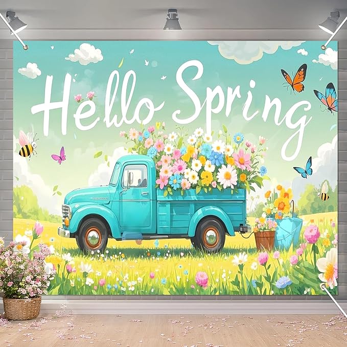 BlissYard Hello Spring Backdrop 8x6ft Flower Truck Photography Background Spring Garden Party Scenic Banner for Easter Celebration Birthday Baby Shower Classroom Photo Booth Decor