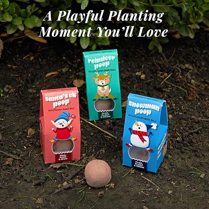 Modern Sprout Wildflower Seed Ball Poop - Eco-Friendly Gift - Non-GMO Hand-Rolled Clay Seed Bombs with Wildflower Seeds - Plop Plant & Grow Gardening Gift Set for All Occasions (Jingle Plop-Pack of 3)