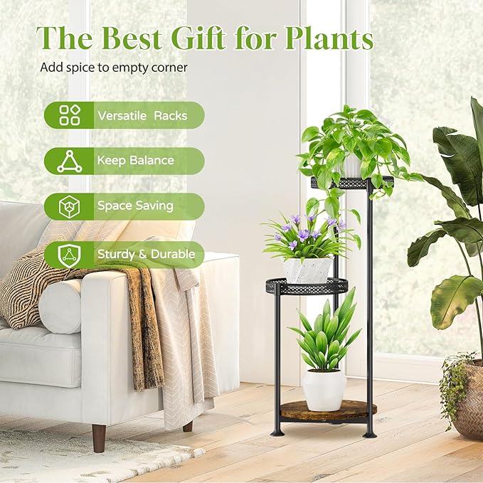 Oppro Plant Stand Indoor Outdoor Clearance, 3 Tier Metal Flower Shelf Pot Holder, Tall Multiple Plants Corner Rack Narrow House Orchid Display Organizer for Patio Office Porch Living Room Garden, Black