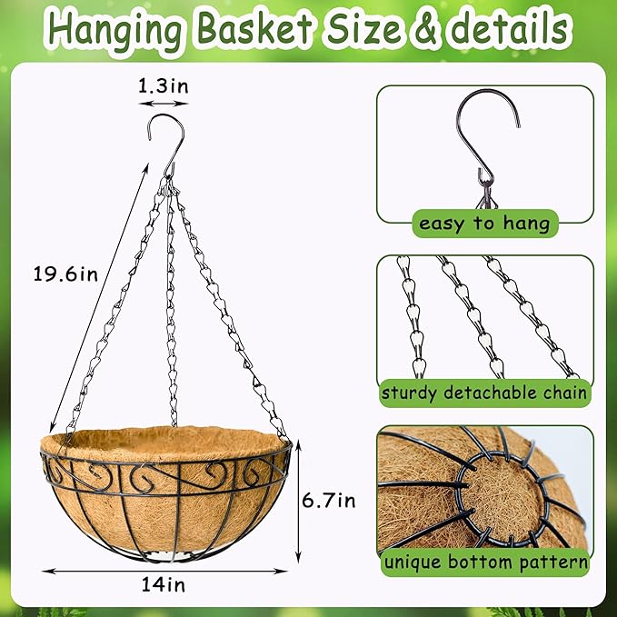 14 Inch Hanging Planters (4 Pack) - Round Metal Baskets with Cocoa Liners for Indoor/Outdoor Gardens, Porch & Patio Decor（HB）