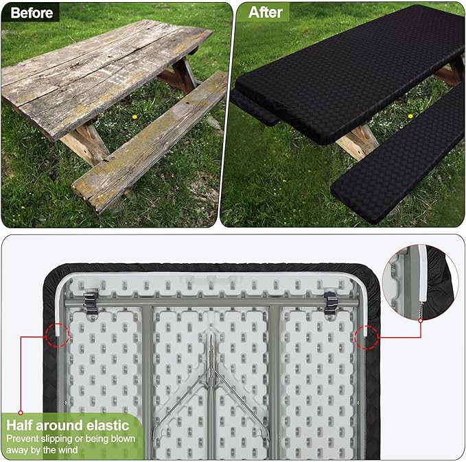 Play Tailor Picnic Table Cover with Bench Covers Camping Essentials Waterproof Windproof Camping Tablecloth with Drawstring Bag, Fitted Rectangle Tables and Seats, 72in, Black