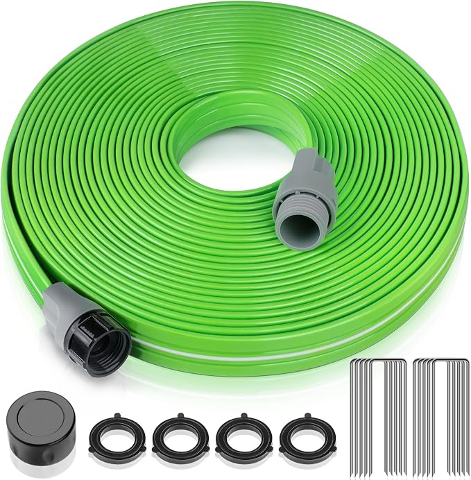 LAVEVE Heavy Duty Sprinkler Soaker Hose 75 FT, Flat Garden Hose with Holes, Efficient Flexible Irrigation Hose for Yard, Lawn and Garden, Includes Stakes