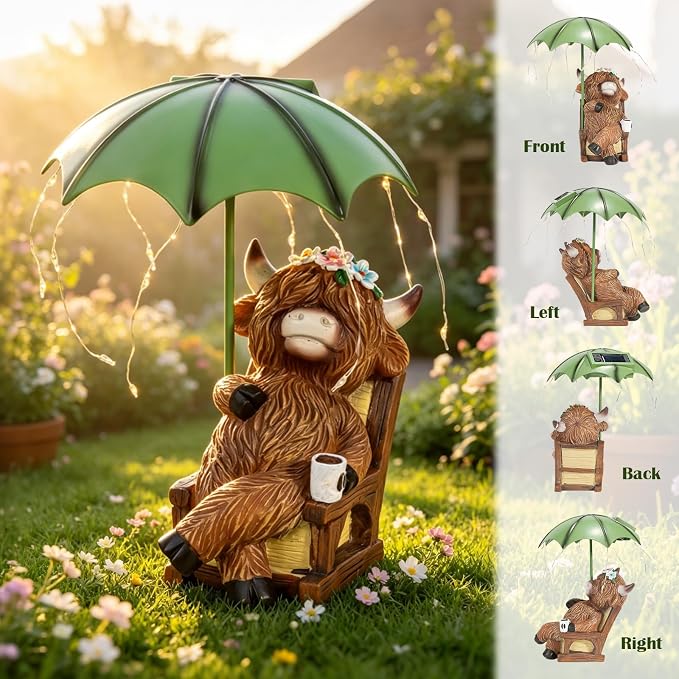 Pohabery Solar Highland Cow Garden Statue with Umbrella Lights - Resin Mother & Calf Outdoor Decor, Waterproof LED Yard Art for Patio, Lawn & Porch | Perfect Housewarming & Garden Gift