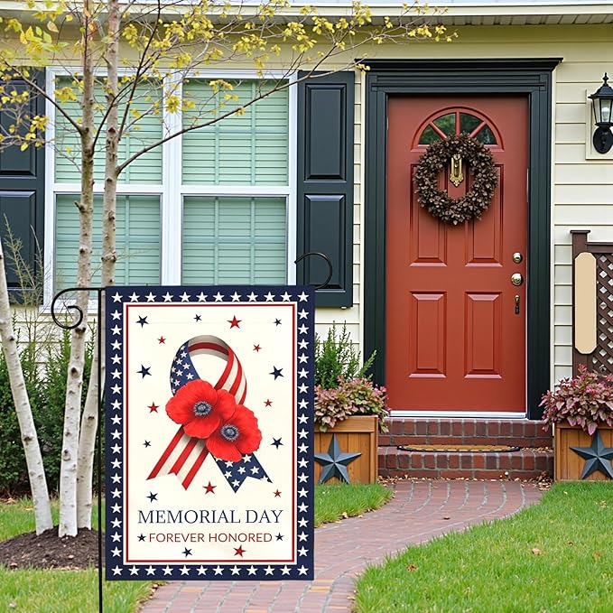 Memorial Day Garden Flag Forever Honored Patriotic Outdoor Yard American Flags Ribbon Poppy Honor Fallen Soldiers Military Remembrance House Banner Porch Patriotic Home Decor 12x18 Inch