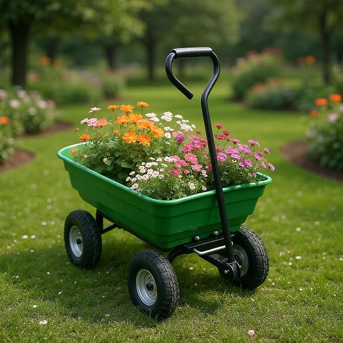 Garvee Wheelbarrow Garden Cart, Heavy-Duty Garden Dump Cart, Four-Wheel Home Garden Yard Utility Wheelbarrow Cart with Built-in Stand & D-Handle Steering for Gardening, Yard Work & Landscaping