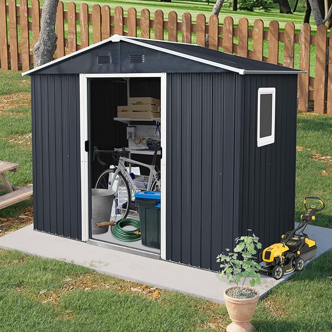 KEIKI 8x4 FT Outdoor Metal Storage Shed with Peaked Roof,Air Vents,Window and Metal Foundation for Garden Yard Lawn