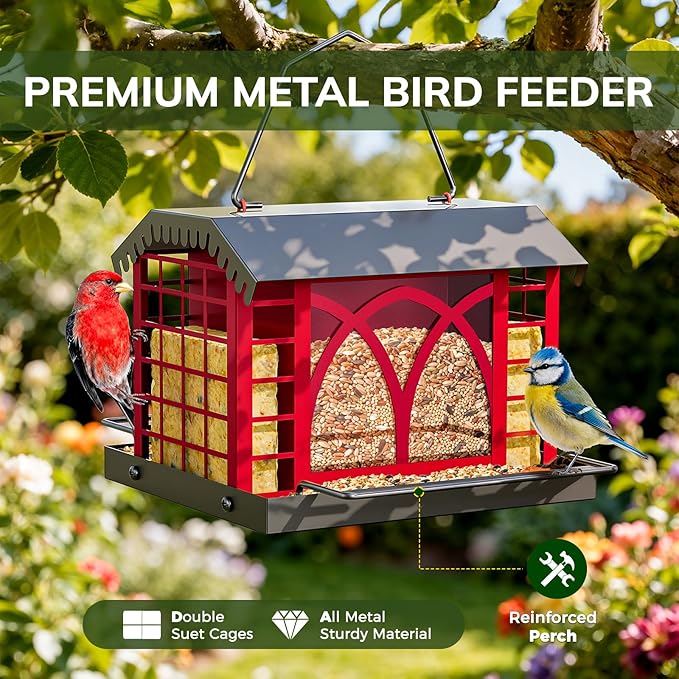 Bird Feeders for Outdoors Hanging, Metal Bird Feeder with Double Suet Cage Weatherproof Metal Roof, 3.5Lbs Large Capacity Great for Attracting Finch Cardinal Chickadee Wild Birds, Berry Red