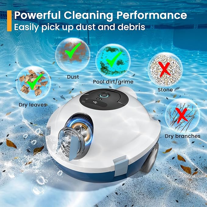 Y10 Cordless Robotic Pool Cleaner, Automatic Pool Vacuum - 120 Mins Runtime, Powerful Suction, Self-Parking, Lightweight for Above/Inground Pools Up to 65ft/1100 Sq.Ft (White)