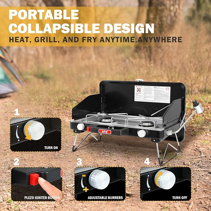 Feasto 2 Burner Propane Camping Stove with Folding Legs, Outdoor Portable Camp Stove with Push-Button Ignition & Wind Guards for Camping, Tailgating, BBQ, & More, Black