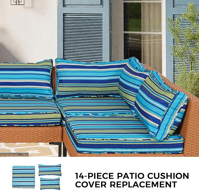14 Piece Outdoor Patio Cushion Covers Replacement Waterproof with Zipper for 6-Seater Sectional Couch Chair Patio Furniture Conversation Sofa Seat Cushions Slipcovers Set, Only Cover