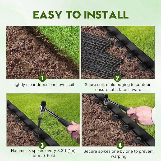 No Dig Landscape Edging 33FT, 2 Inch Plastic Edging for Landscaping with 100 Spikes, for Garden, Lawn, Flower Beds and Yard, Black