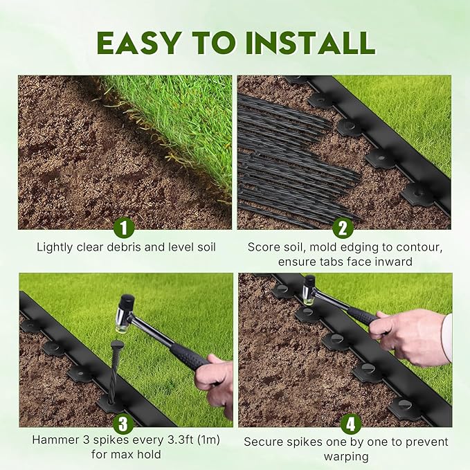 No Dig Landscape Edging 33FT, 4 Inch Plastic Edging for Landscaping with 100 Spikes, for Garden, Lawn, Flower Beds and Yard, Black