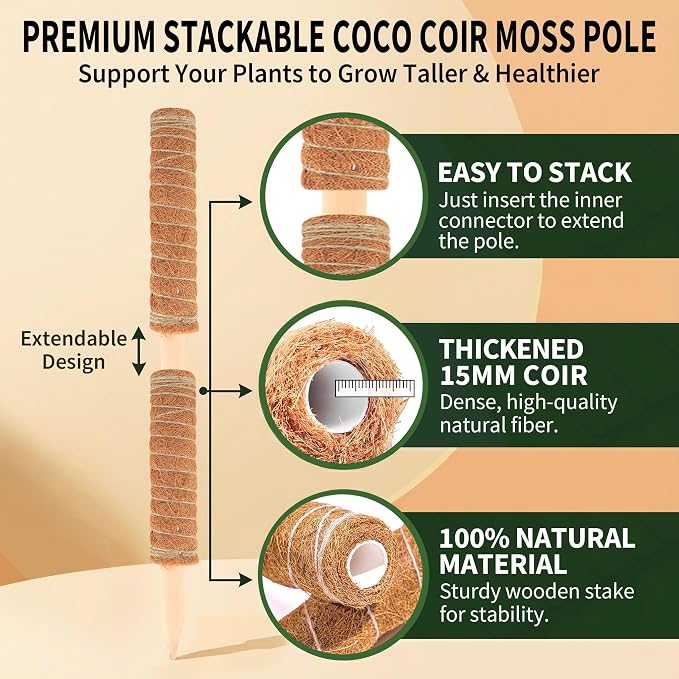 28'' Bendable Moss Poles & 12'' Stackable Coir Plant Sticks for Monstera | 4 Pack Plant Stakes for Indoor Plant, Moss Pole for Climbing Plant Coconut Fiber Holds Moisture, Ideal for Aerial Root Growth