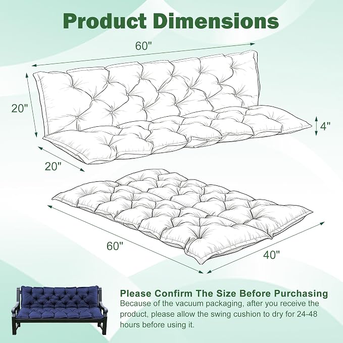 Porch Swing Cushions, 60x40 Inch Swing Cushions for Outdoor Furniture, Waterproof 3 Seater Patio Seat Cushion with Backrest, Replacement Bench Cushion for Glider, Settee, Navy Blue