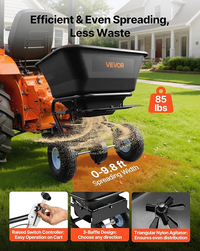 VEVOR Tow-Behind Spreader, 9.8 ft Spreading Width, Broadcast Spreader with 10" All-Terrain Tires, 85 lbs Capacity Hopper, Adjustable Flow Control, Lawn Spreaders for Seed Fertilizer Ice Melt